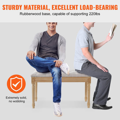 Beige Upholstered Bench with Foam Cushion, Rubberwood Legs, 100 kg Capacity