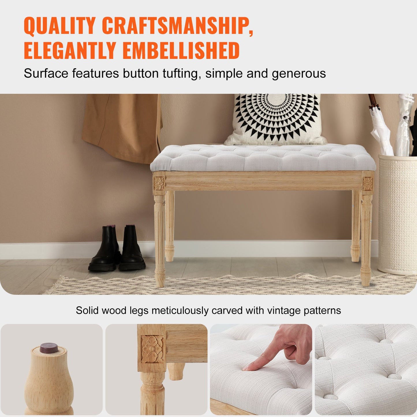 VEVOR Upholstered Bench, 16"W Ottoman Bench, End of Bed Bench with Foam Padded Cushion