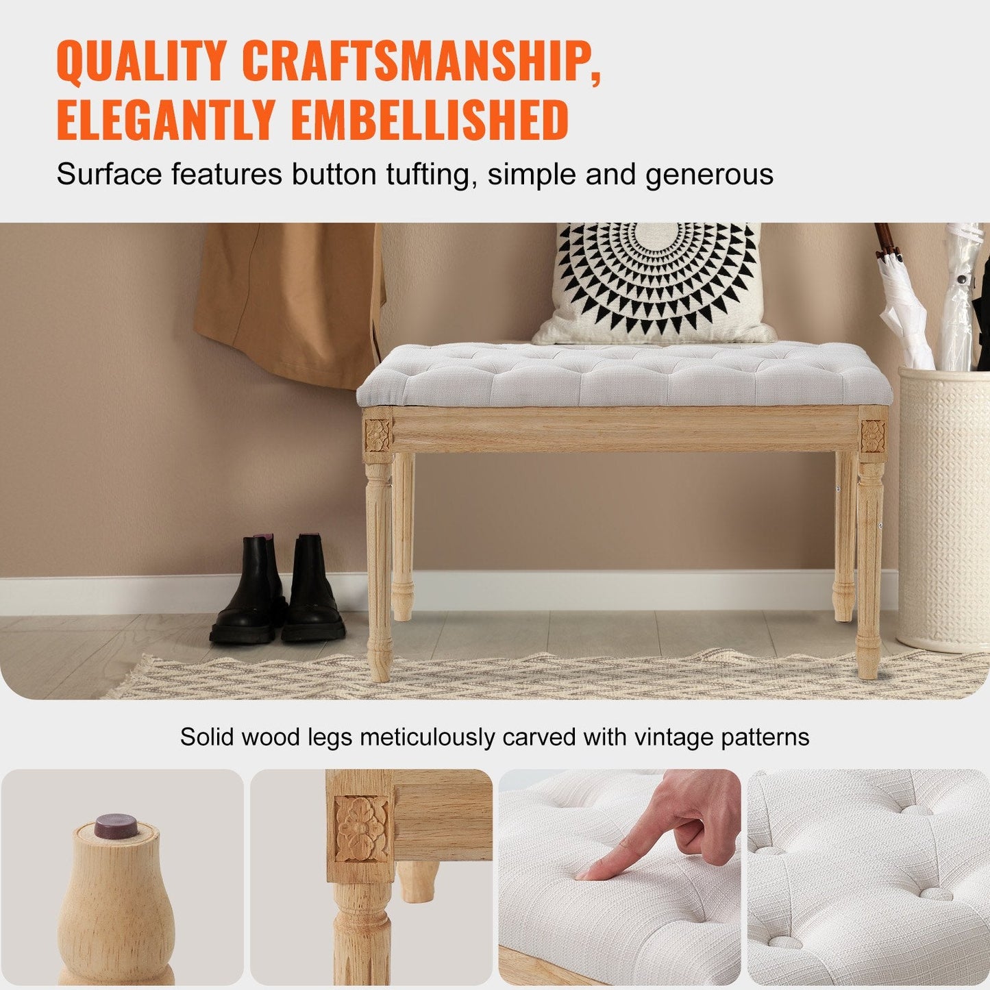 Beige Upholstered Bench with Foam Cushion, Rubberwood Legs, 100 kg Capacity