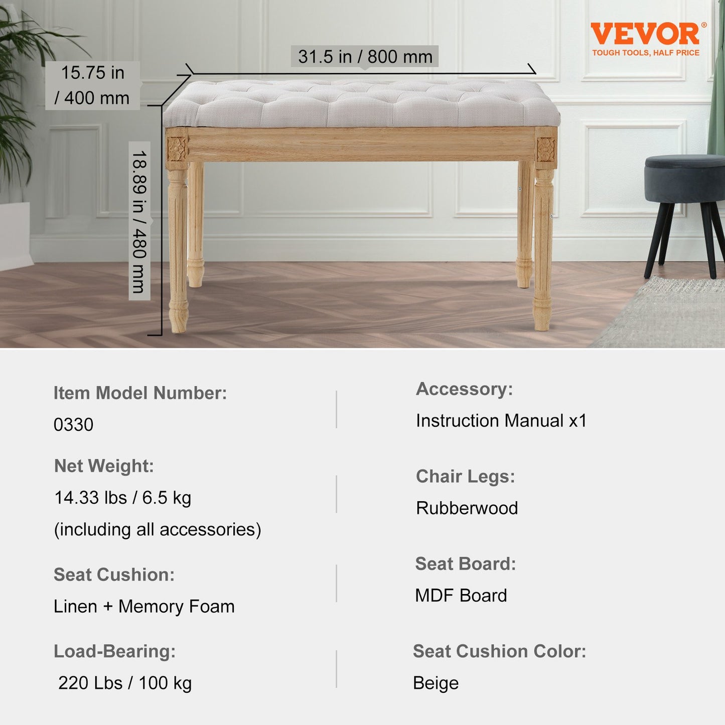 VEVOR Upholstered Bench, 16"W Ottoman Bench, End of Bed Bench with Foam Padded Cushion