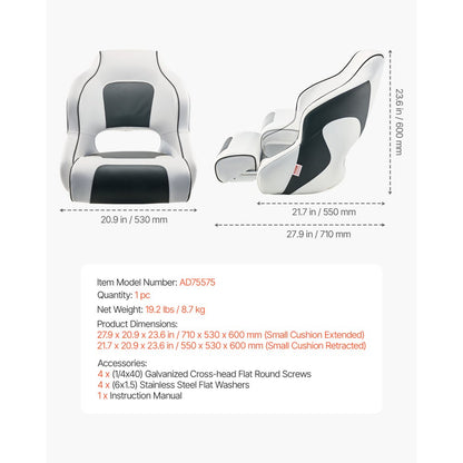 VEVOR Boat Seat High Backrest Flip Up Boat Seat Captain Bucket Seat White & Grey