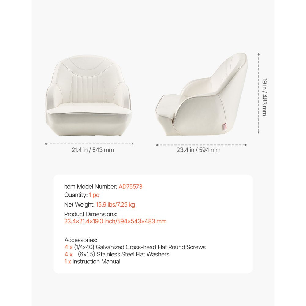 VEVOR Boat Seat Low Backrest Flip Up Boat Seat Captain Bucket Seat White