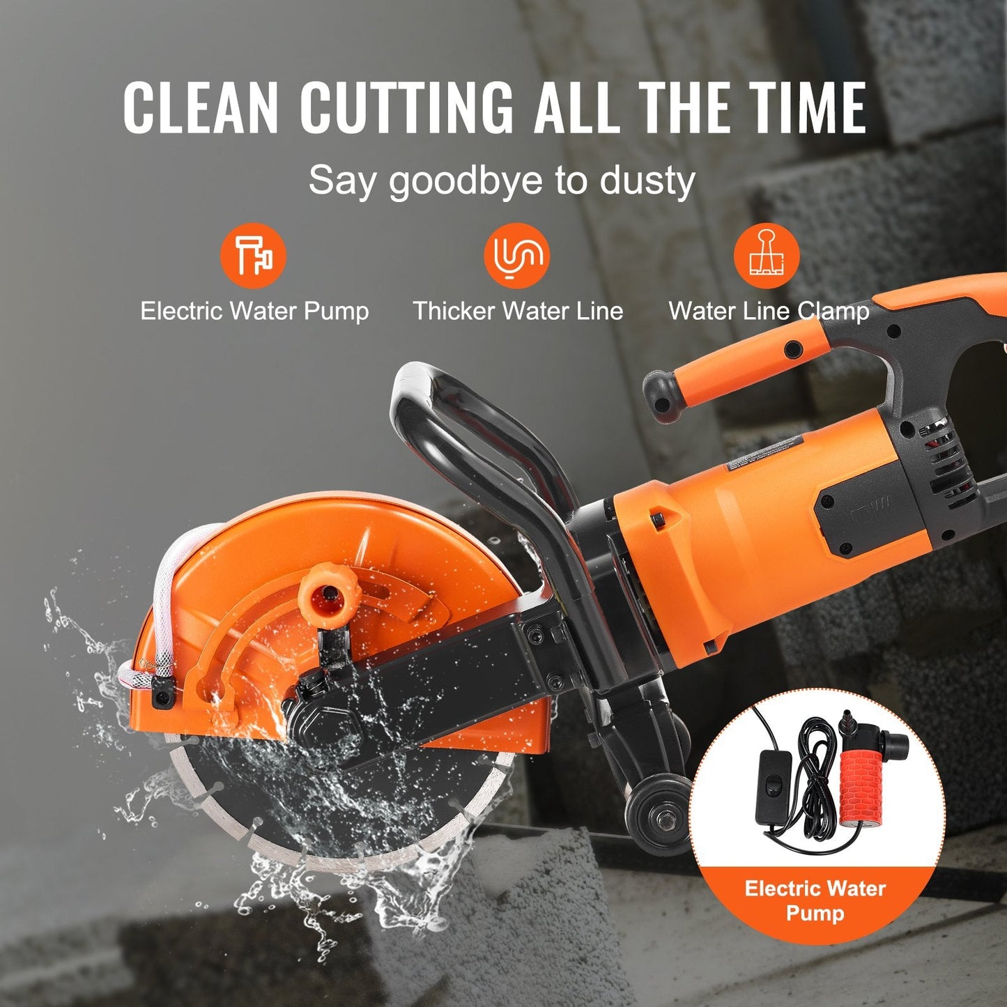 Electric Concrete Saw, 23 cm Blade, 2000W Motor, 8.9 cm Cutting Depth, Wet/Dry