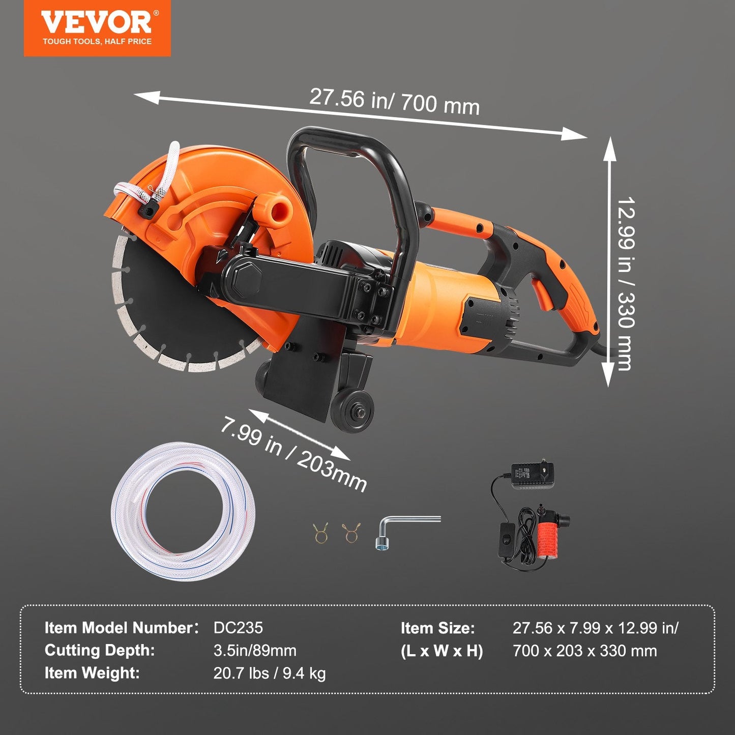 Electric Concrete Saw, 23 cm Blade, 2000W Motor, 8.9 cm Cutting Depth, Wet/Dry