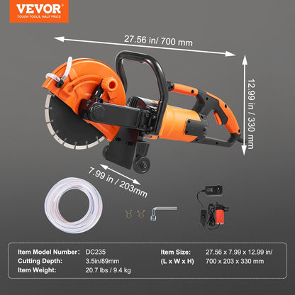 Electric Concrete Saw, 23 cm Blade, 2000W Motor, 8.9 cm Cutting Depth, Wet/Dry