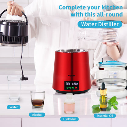 VEVOR 4L Water Distiller 1L/H Distilled Water Maker Timing & Temp Display Red