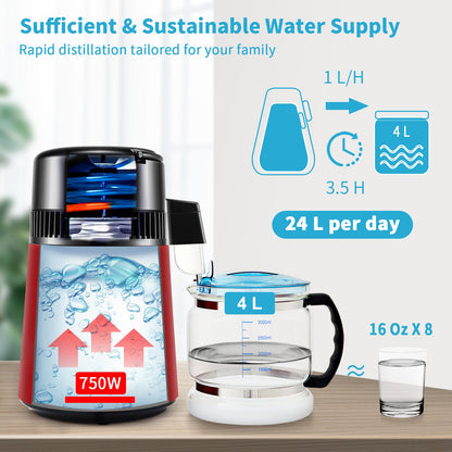 VEVOR 4L Water Distiller 1L/H Distilled Water Maker Timing & Temp Display Red