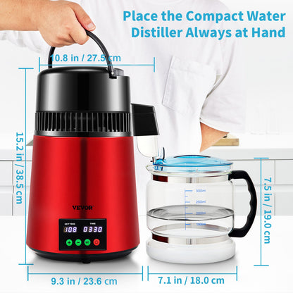VEVOR 4L Water Distiller 1L/H Distilled Water Maker Timing & Temp Display Red