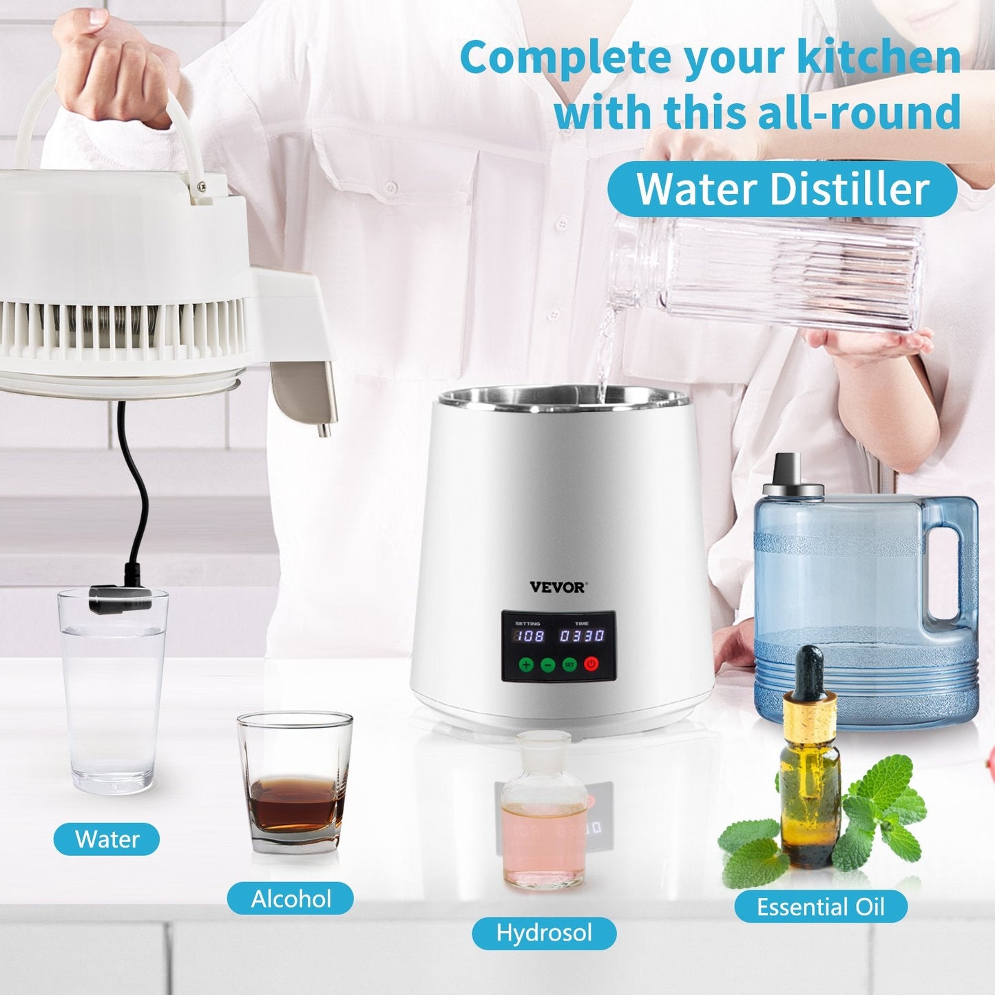 4L Water Distiller with Temp Display & Touch Screen, 1L/H Output, White