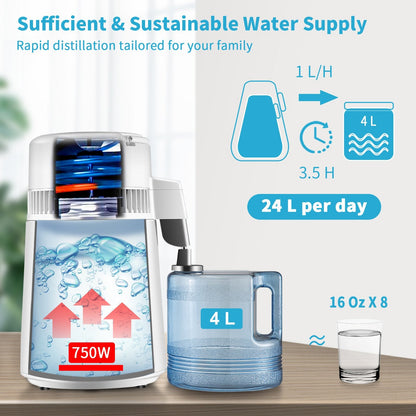 4L Water Distiller with Temp Display & Touch Screen, 1L/H Output, White