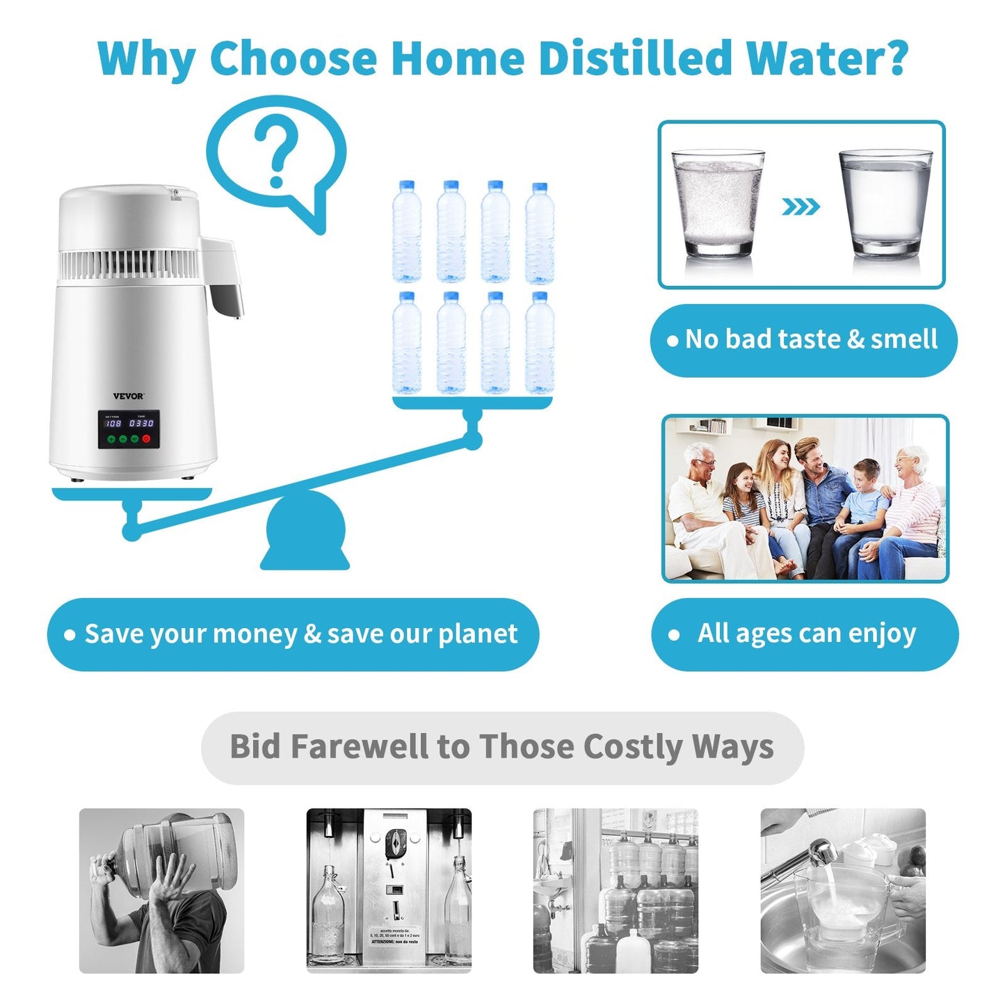4L Water Distiller with Temp Display & Touch Screen, 1L/H Output, White
