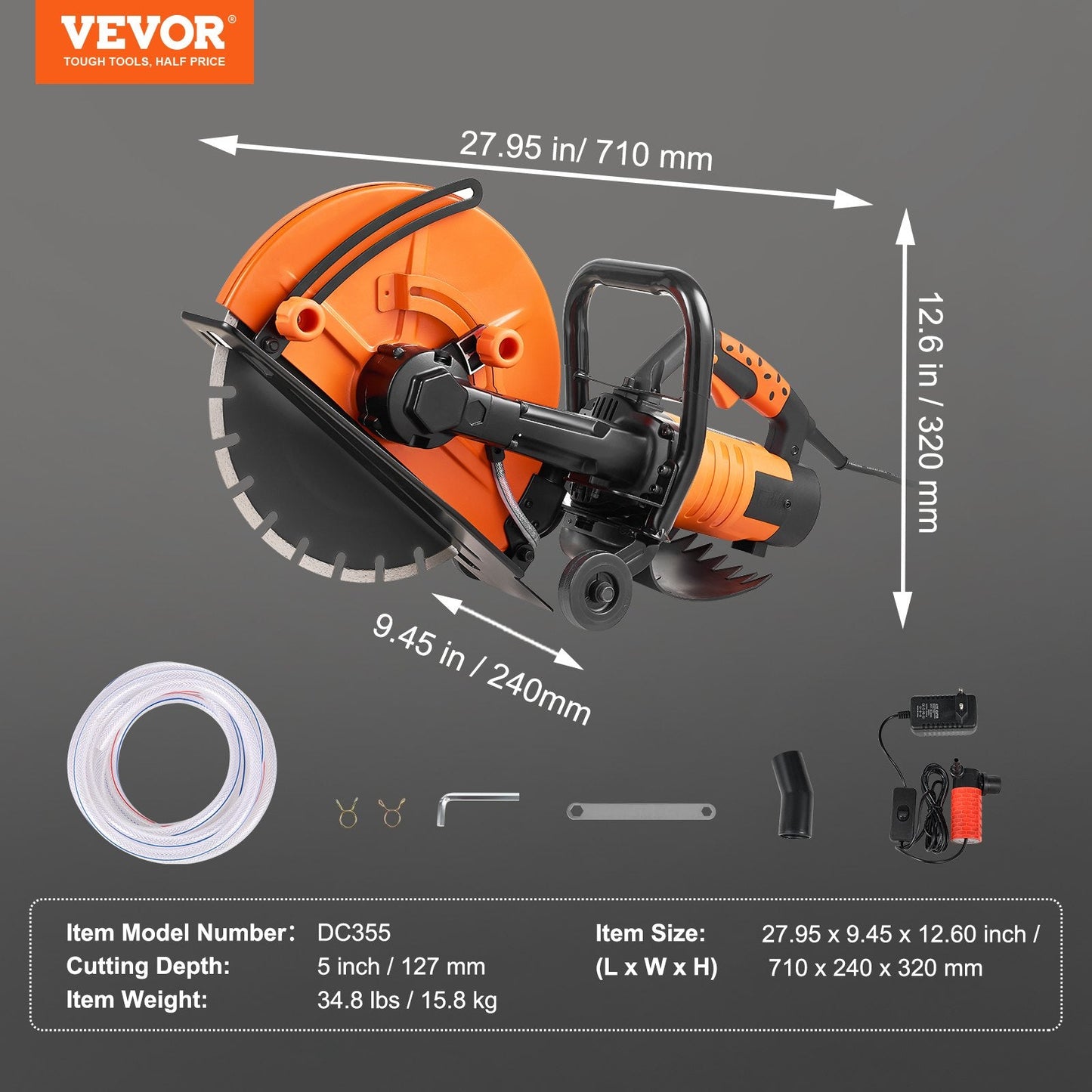 Electric Concrete Circular Saw, 35 cm Blade, 2800 W, Wet Cutting with Water Line
