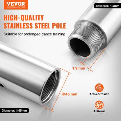 Professional Dancing Pole, Spinning Static Dancing Pole Kit, Portable Removable Pole, 45mm Heavy-Duty Stainless Steel Pole, Height Adjustable Fitness Pole, for Exercise Home Club Gym, Silver