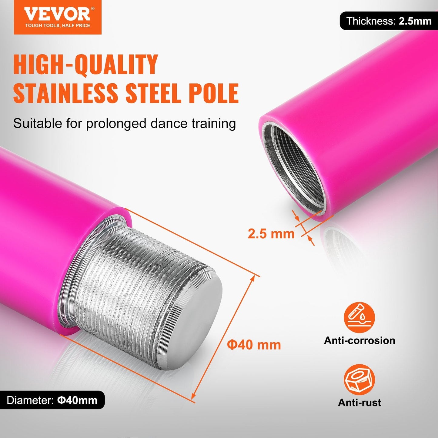 Adjustable 2.7m Pink Dance Pole Kit, Static/Spinning, 200kg Capacity