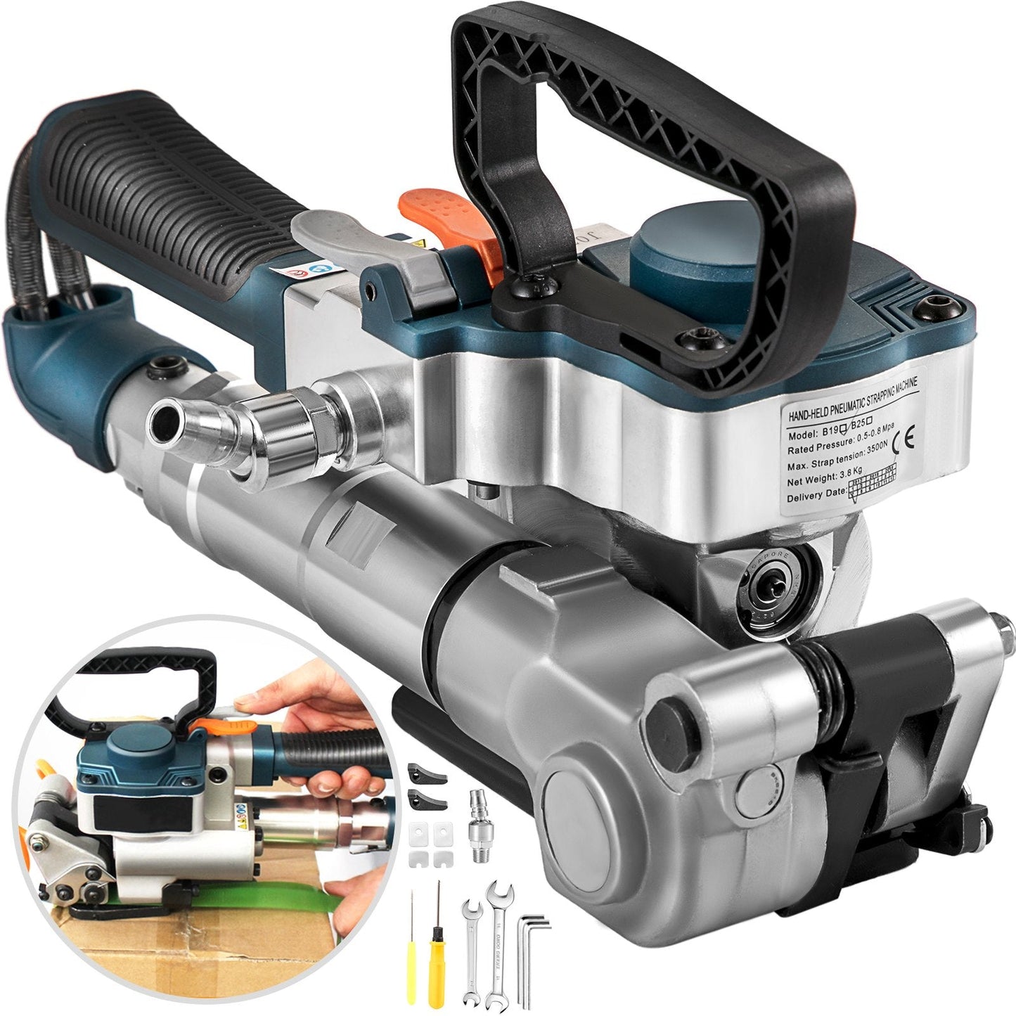 Pneumatic Strapping Machine, 13-19mm, 3500N Tension, PP/PET Compatible, 5kg Portable