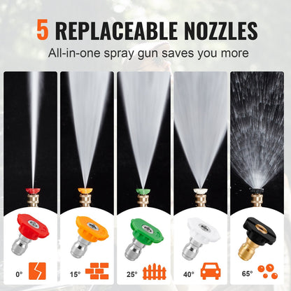 High Pressure Washer Gun 5000 PSI with Foam Spray & 5 Nozzles, 1/4 Meter Connector