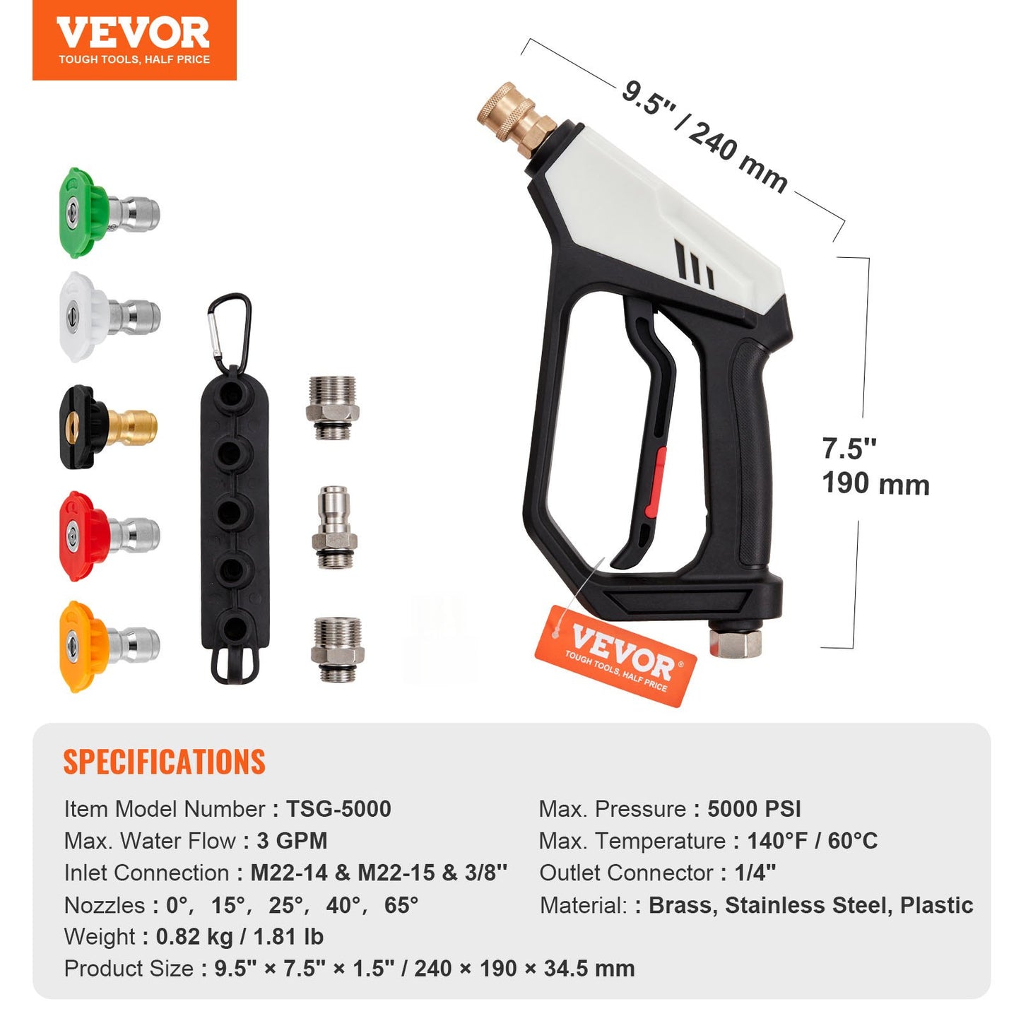 VEVOR 1/4'' High Pressure Washer Gun 5000PSI Power Wash Foam Spray w/ Nozzle