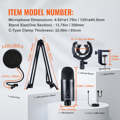 USB Microphone 192kHz/24-bit Condenser Microphone Kit with Boom Arm Stand