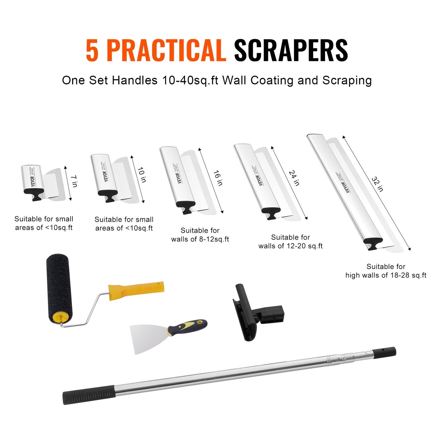 Professional Drywall Skimming Blade Set with Extendable Handle, Stainless Steel