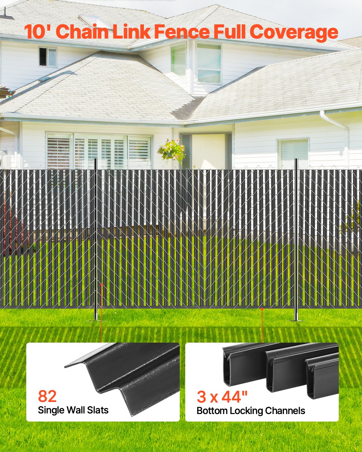 Bottom Locking Privacy Slats, Single-Wall Vertical Bottom-Locking Slats for Chain-Link Fence, High-Density HDPE Chain Link Slats Ideally Fit 1.8 m High Fence for Garden Farm Sports Field(Black)