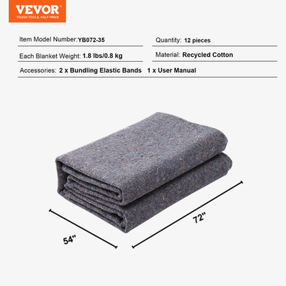 VEVOR Moving Blankets, 1829 x 1372 mm, 12 kg/dz Weight, 12 Pack, Professional Recycled