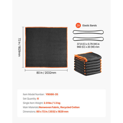 Moving Blankets 6 Pcs, 2032 x 1829 mm (15.9 kg/dz) Large Packing Blankets with Cotton Filling, Heavy Duty Nonwoven Fabri