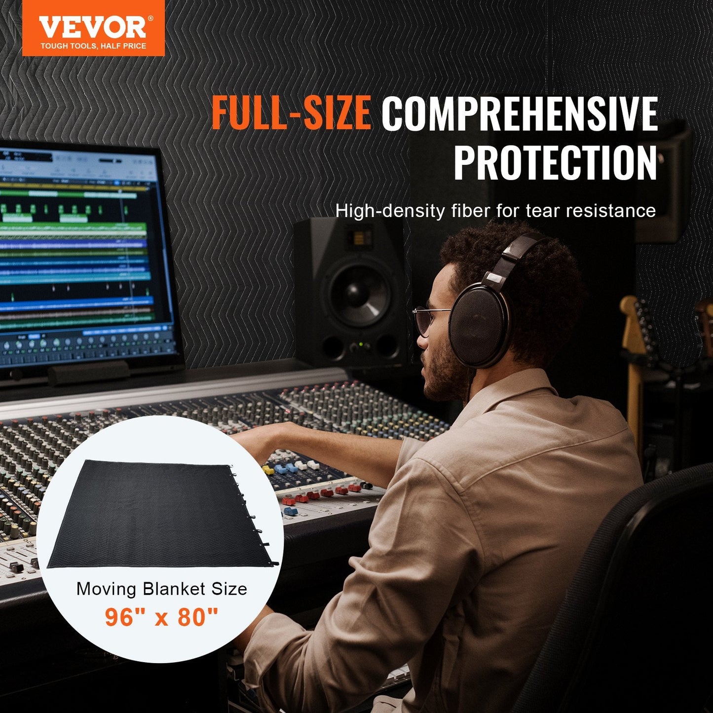 Extra Large Soundproof Blanket with Grommets, 2.4 x 2 m, Black, 4 kg