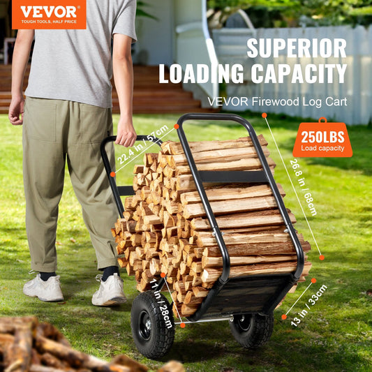 Heavy-duty wood cart features an elevated guardrail for carrying a full load of firewood in one trip