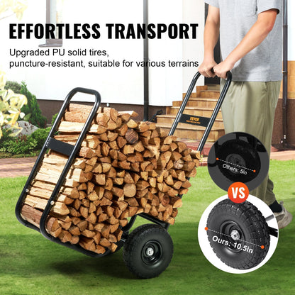Heavy-Duty Firewood Log Cart with PU Wheels, 113.4 kg Capacity, Easy Assembly