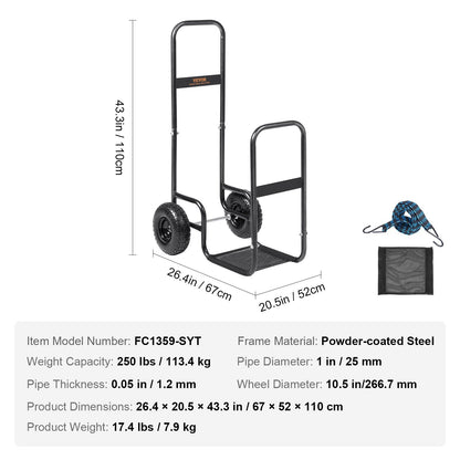 Heavy Duty Firewood Log Cart, 113 kg Capacity, Indoor/Outdoor Wood Hauler