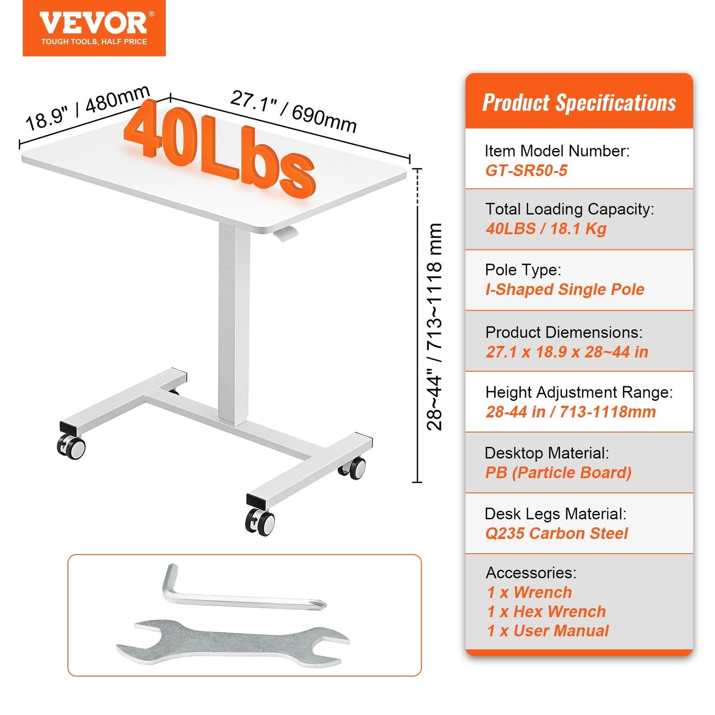 Adjustable Mobile Sit-Stand Desk with Wheels, 0.7-1.1m Height, 18.1 Kg Capacity