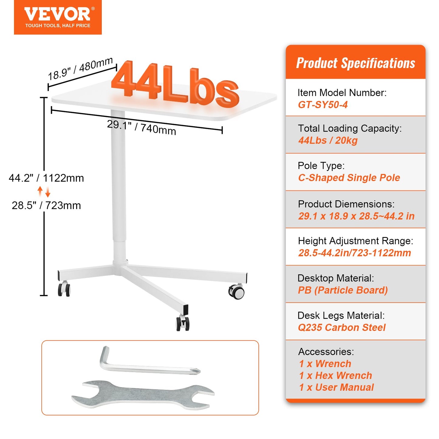 VEVOR Mobile Standing Desk, 28.5"-44.2" Gas-Spring Height Adjustable Sit-Stand Desk,