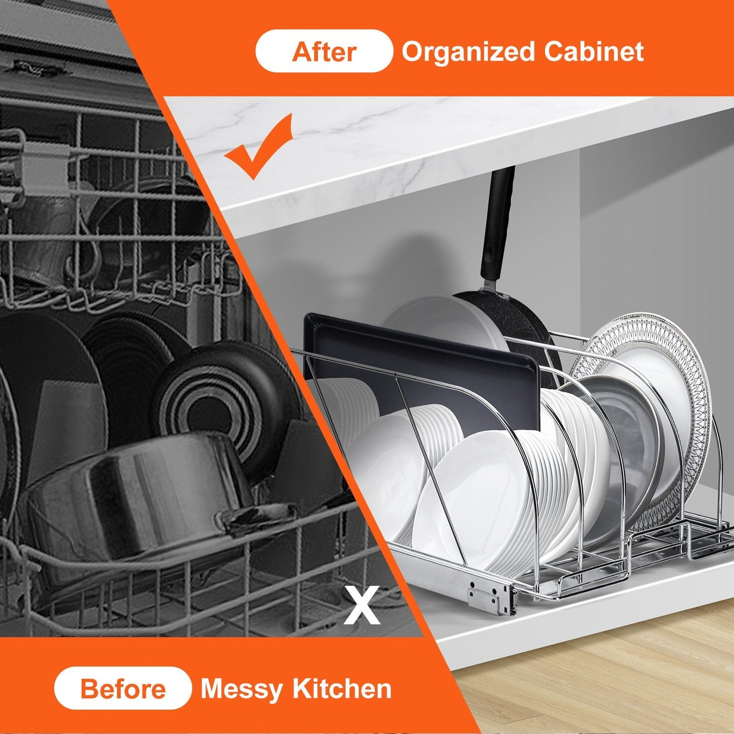 Expandable Pan & Pot Rack Organizer with Adjustable Dividers, Chrome Finish