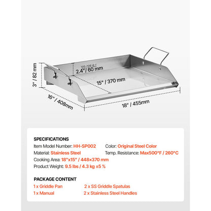 VEVOR 18x16 in Flat Top Griddle Stainless Steel Universal BBQ Grill Pan Cookware