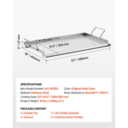 VEVOR 23x16 in Flat Top Griddle Stainless Steel Universal BBQ Grill Pan Cookware