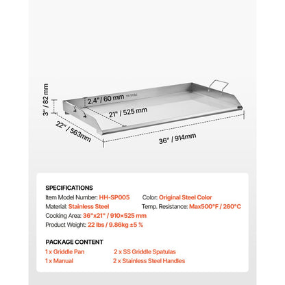 VEVOR 36x22 in Flat Top Griddle Stainless Steel Universal BBQ Grill Pan Cookware