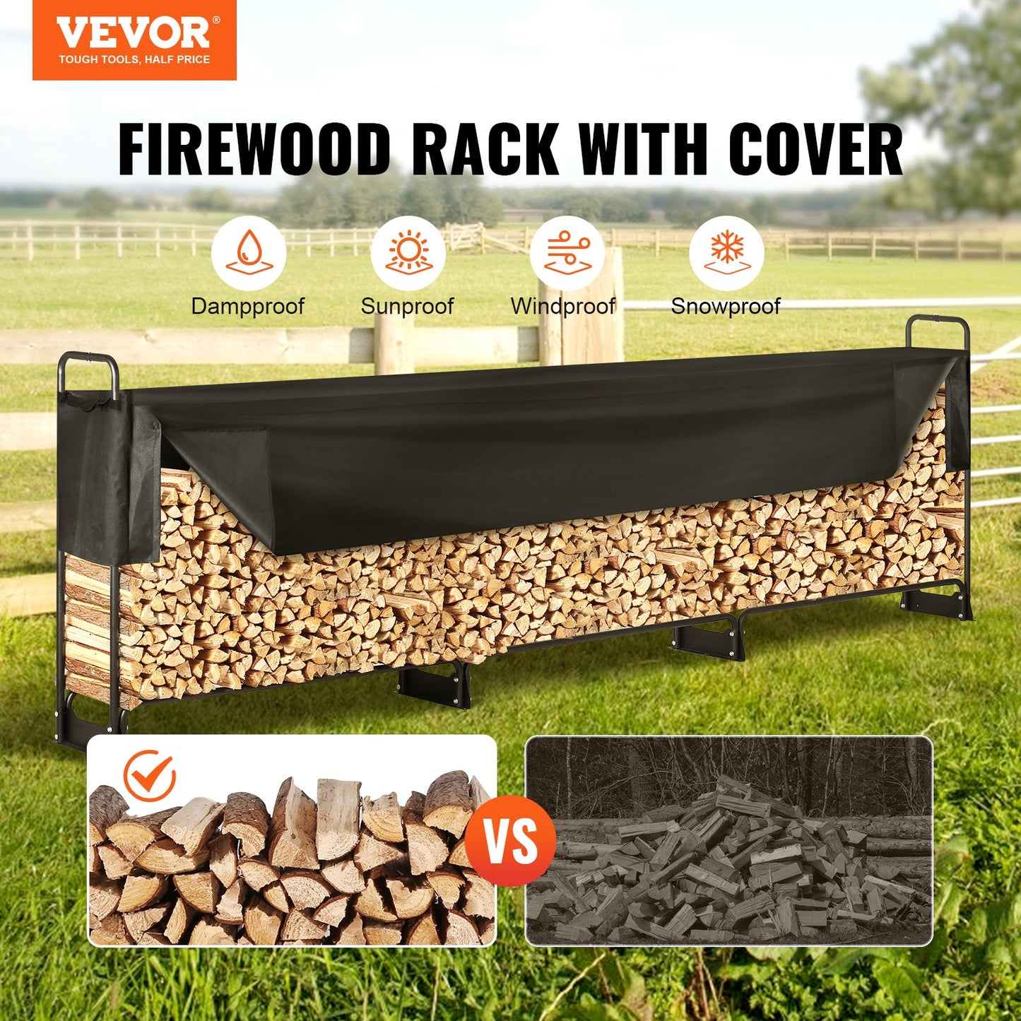 VEVOR 12.7 FT Outdoor Firewood Rack with Cover Firewood Holder 152