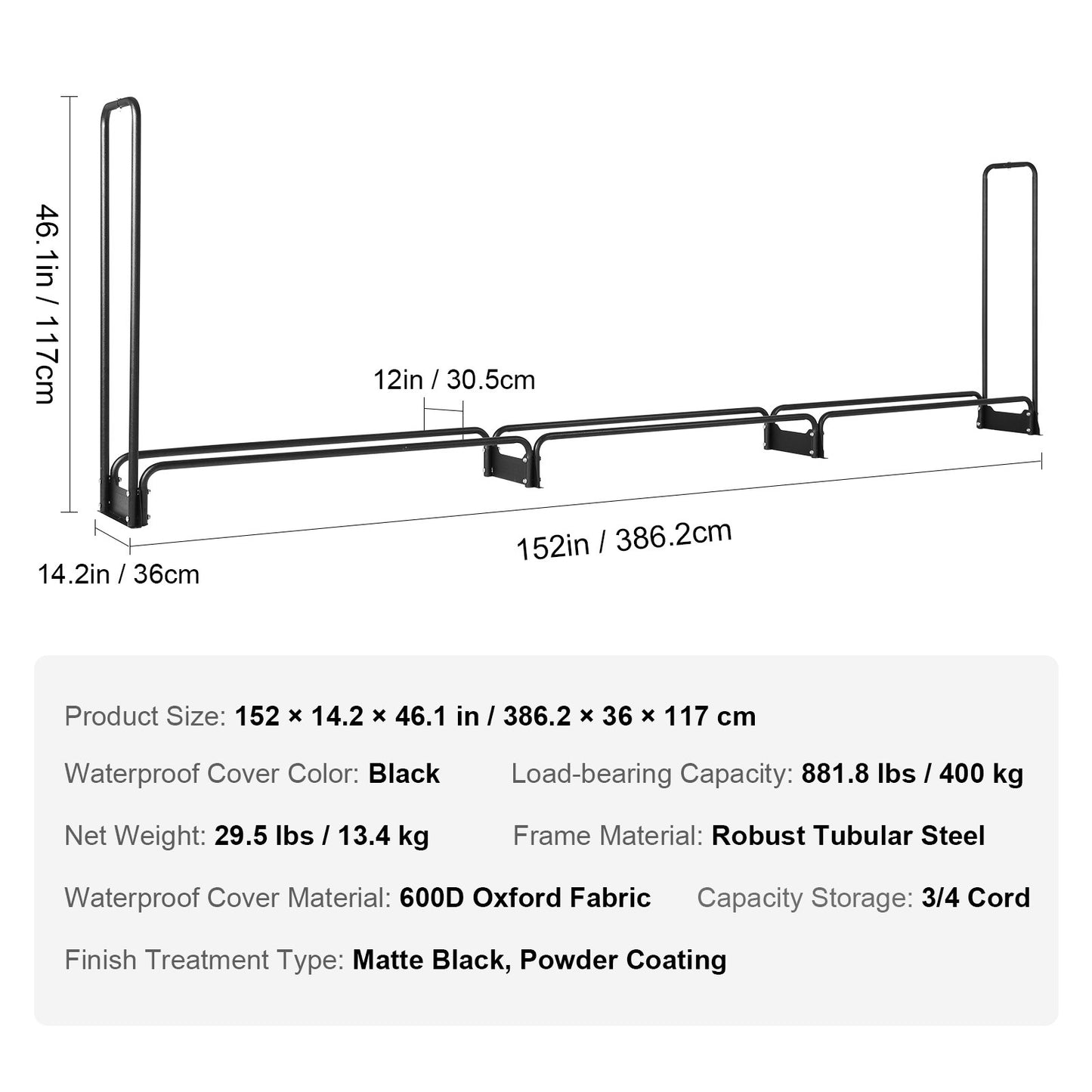 VEVOR 12.7 FT Outdoor Firewood Rack with Cover Firewood Holder 152