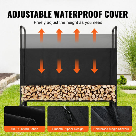 Heavy Duty 1.3m Outdoor Firewood Rack with Waterproof Cover for 1/4 Cord Wood