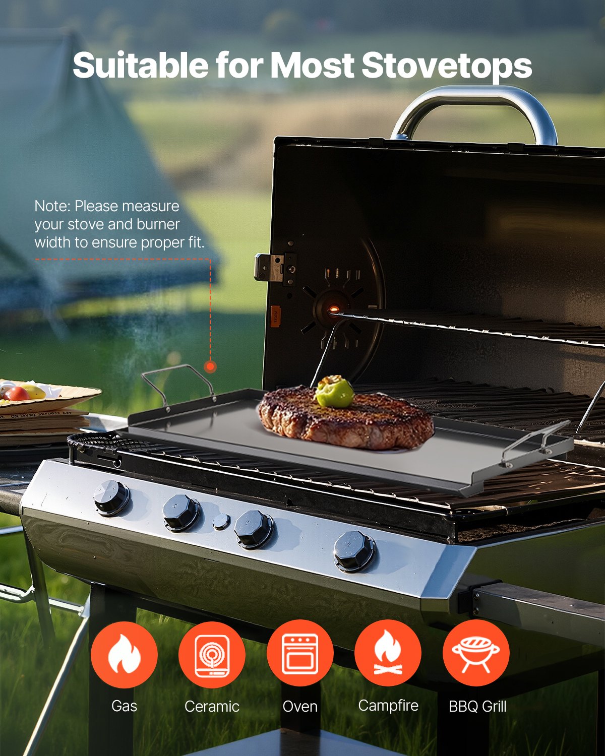 Carbon Steel Griddle, 24x16 inch Universal Flat Top Rectangular Plate, Gas Grill Griddle for BBQ Grill, Teppanyaki, Portable Family Cookware with Handle, for Camping Tailgating Party