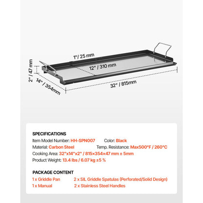 VEVOR 32x14 in Flat Top Griddle Carbon Steel Universal BBQ Grill Pan Cookware