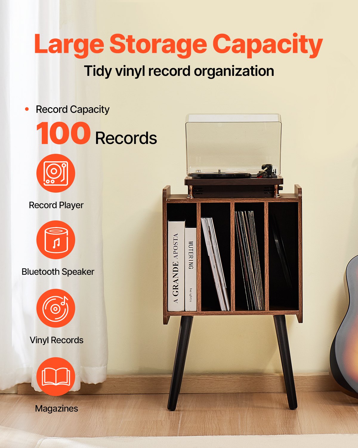 VEVOR Record Player Stand 2-Tier Wood Vinyl Record Stand up to 100 Albums Brown