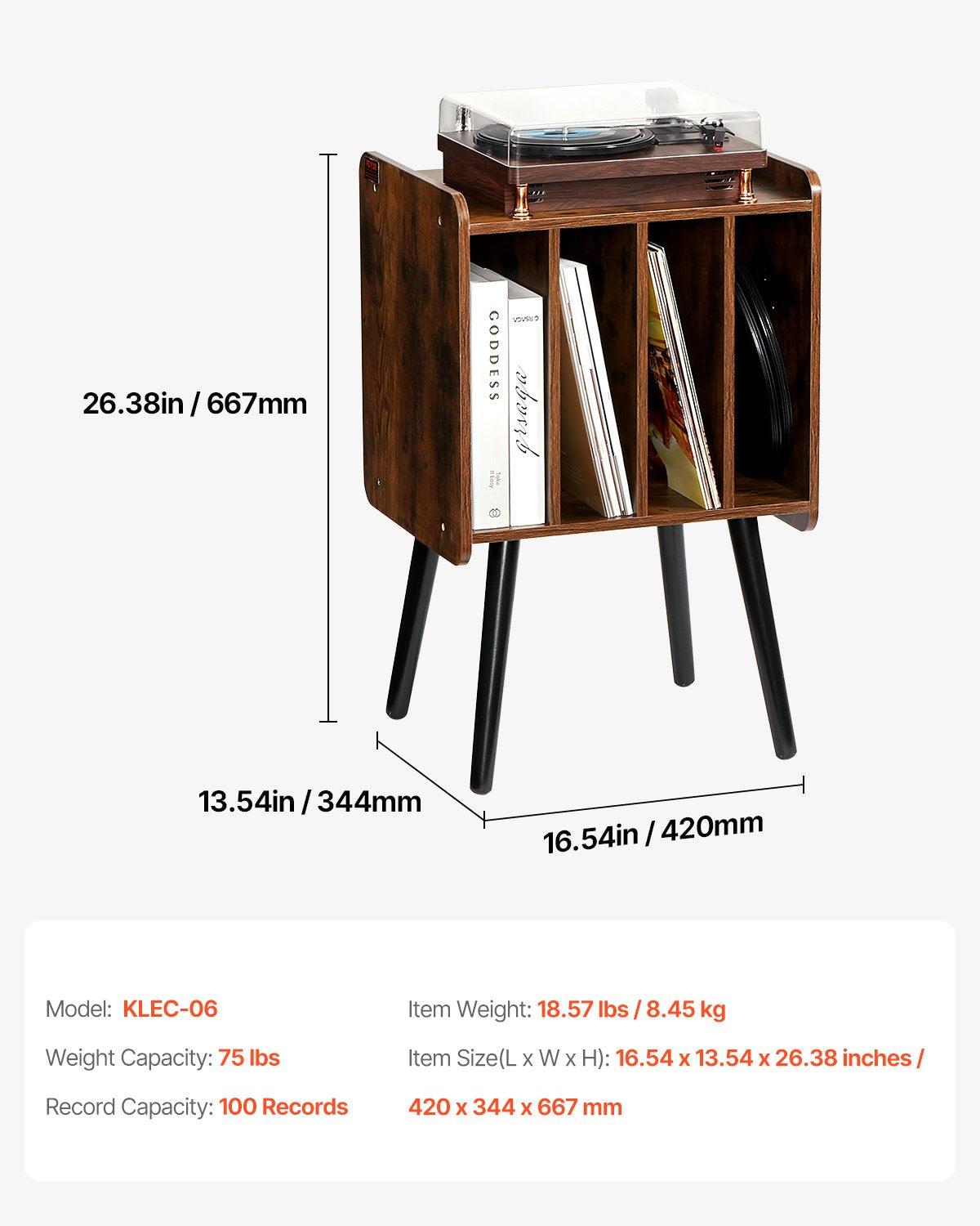 VEVOR Record Player Stand 2-Tier Wood Vinyl Record Stand up to 100 Albums Brown