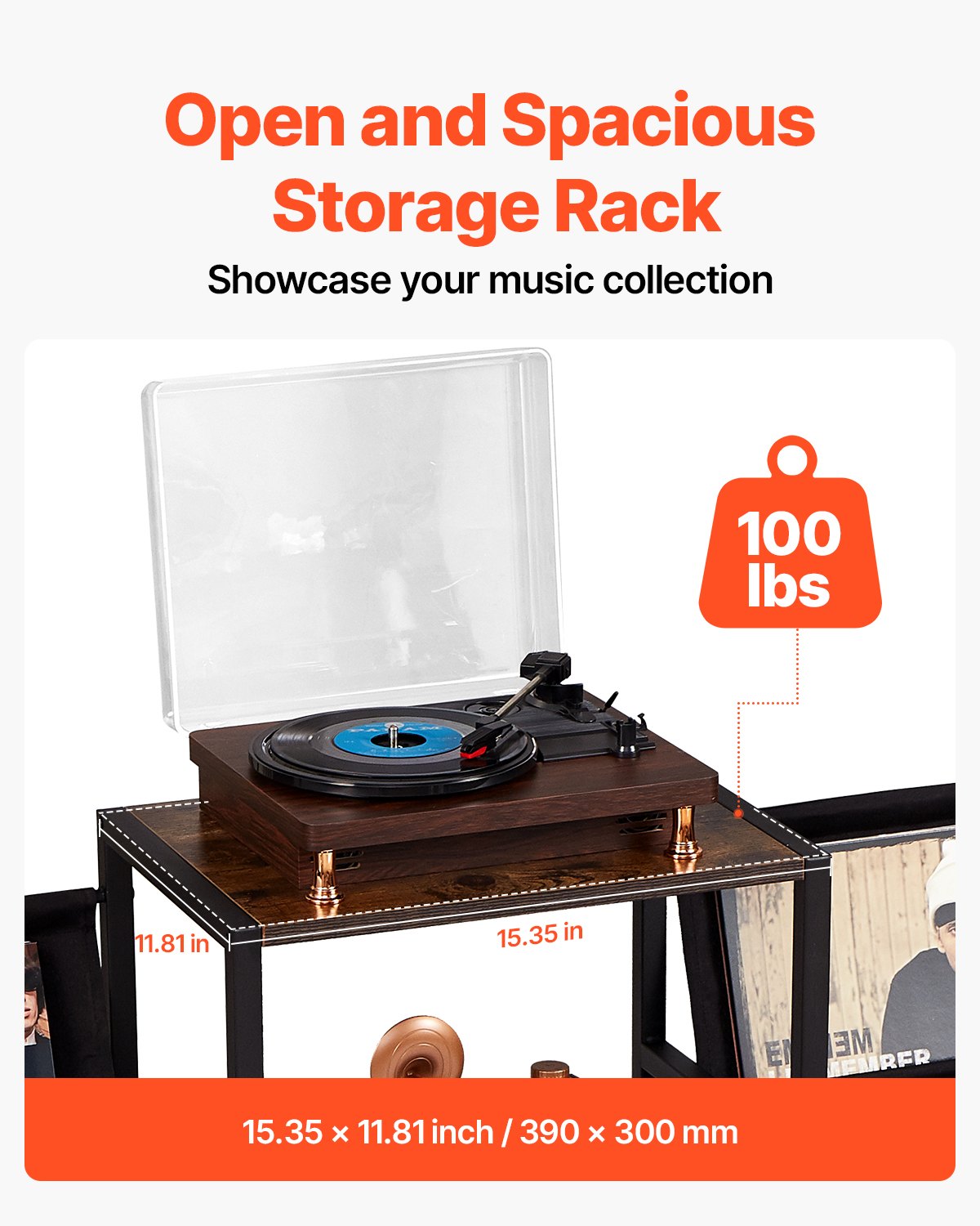 VEVOR 3-Tier Record Player Stand Metal Vinyl Record Stand up to 280 Album Black