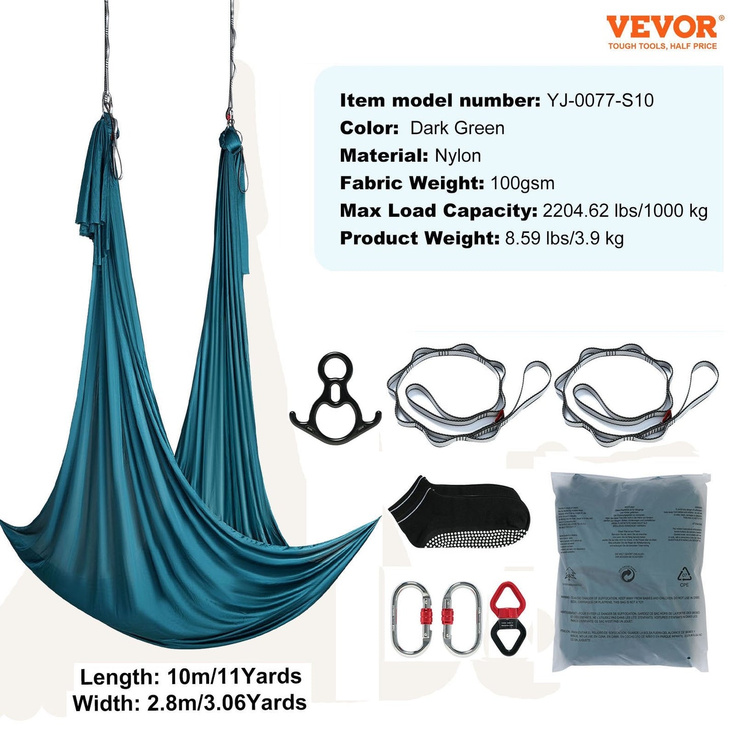 Aerial Yoga Hammock Kit, 10m Nylon, Complete Rigging, 1000kg Capacity, Green
