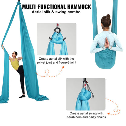 Aerial Yoga Hammock Kit, 10m Nylon, Full Rigging, Max Load 1000kg, Blue