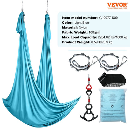 Aerial Yoga Hammock Kit, 10m Nylon, Full Rigging, Max Load 1000kg, Blue