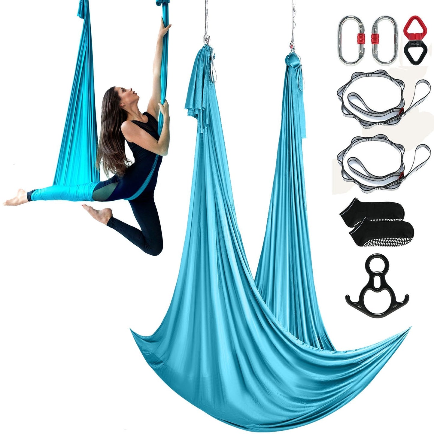 Aerial Yoga Hammock Kit, 10m Nylon, Full Rigging, Max Load 1000kg, Blue