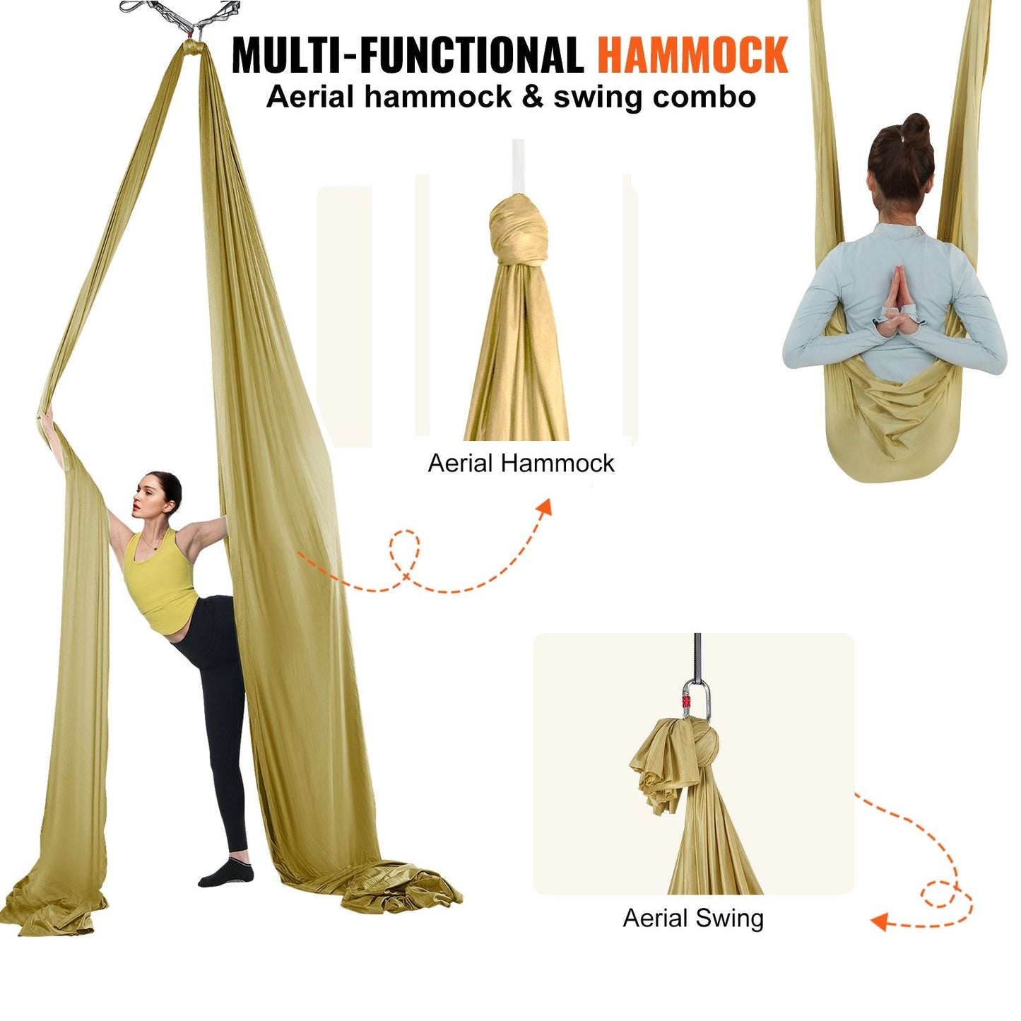 Aerial Yoga Hammock Kit, 4m Length, Gold, 1000kg Capacity, Complete Set