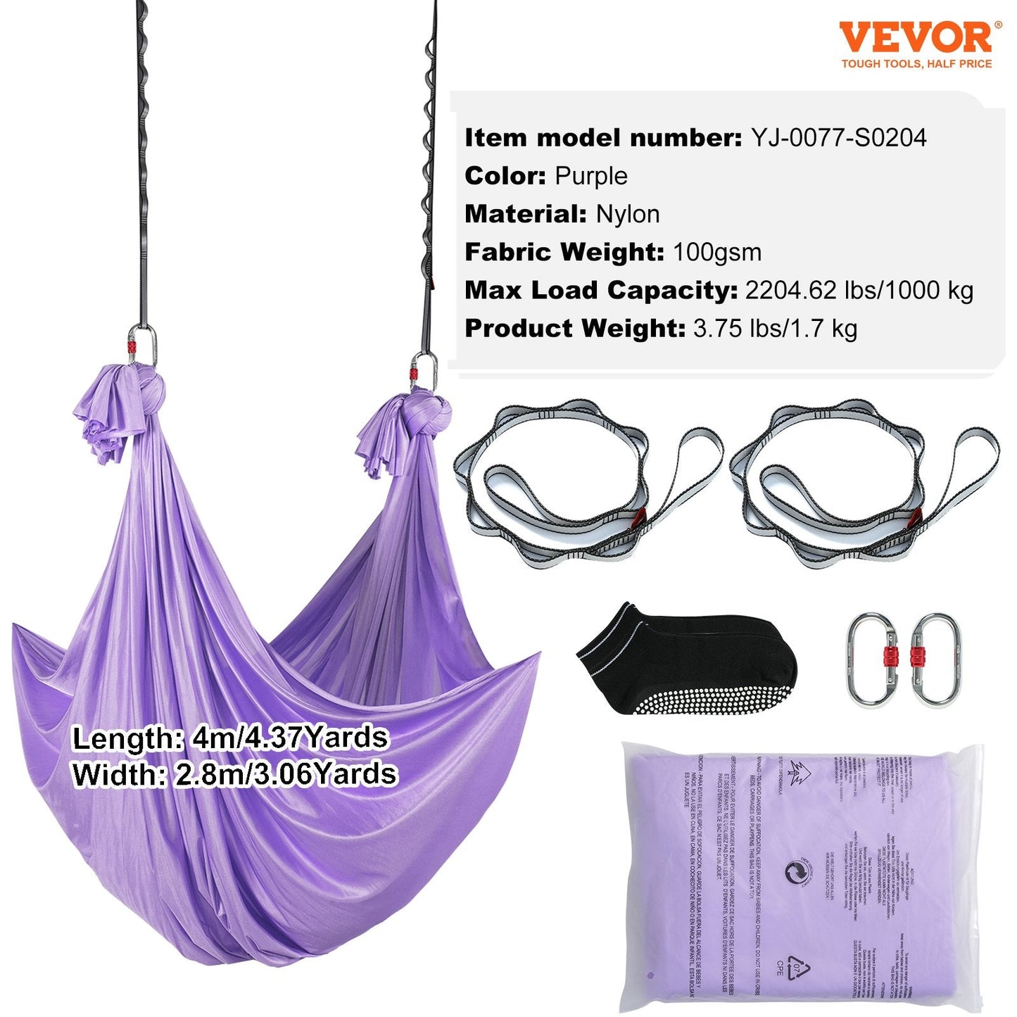 Aerial Yoga Hammock Kit, 4m Nylon, 1000 kg Capacity, Purple, Includes Hardware